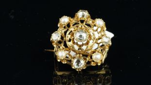 Diamond and pearl brooch, set with rose cut diamonds and four 4mm half pearls, set in yellow