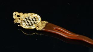 French enamel and gold hair slide, ornate gold top with blue and white enamel detail, with a pressed