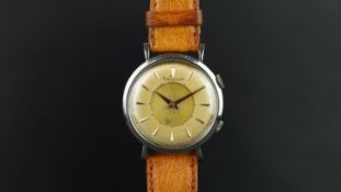 GENTLEMEN'S JAEGER LECOULTRE MEMOVOX STAINLESS STEEL WRISTWATCH, circular patina dial with gold