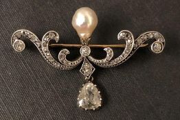 Pearl and diamond brooch, diamond brooch suspending a large pear cut diamond drop, with a baroque