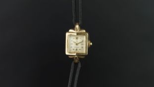 LADIES' OMEGA GOLD COCKTAIL WATCH, square off white dial with gold hour markers and gold hands, 16mm