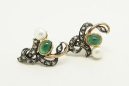 Emerald, diamond and pearl earrings, set with rose cut diamonds, mounted in yellow metal, post and