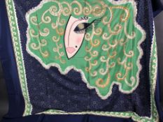 Navy 100% Silk Square Scarf with green and gold detailing and silloutte of a ladies face