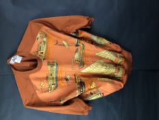 Hermes 100% silk orange top in original packet, short sleeves with cuffed bottom, boat detail print,