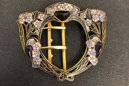 Art Nouveau buckle set with diamonds and amethyst and enamel work, mounted in 18ct yellow gold,
