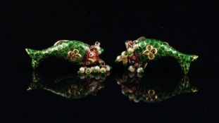 Jaipur enamel fish ear clips, with green, blue and red enamel and diamond and ruby detail, mounted