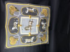 Hermes Grand Apparat Square Silk Scarf, designed and signed by Jacues Eudel, grey and yellow.