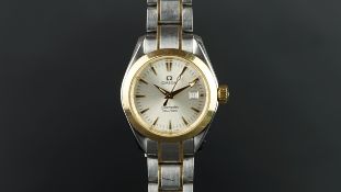 LADIES' OMEGA SEAMASTER BI COLOUR WRISTWATCH, circular silver dial with gold hour markers and a date