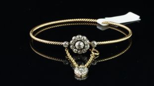 Diamond cluster bangle, old cut diamond daisy cluster, on a rope design bangle, with a safety