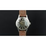 GENTLEMEN'S LONGINES MILITARY STYLE WRISTWATCH, circular dark two tone dial with Arabic numerals and