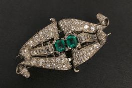 Emerald and diamond double clip, transitional and baguette cut diamonds, estimate total diamond