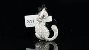 Diamond cat brooch, set with round brilliant cut diamonds and cabochon ruby eyes, set in 18ct