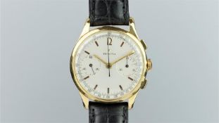 RARE GENTLEMEN'S ZENITH 18CT GOLD VINTAGE CHRONOGRAPH, circular white twin register dial with gold