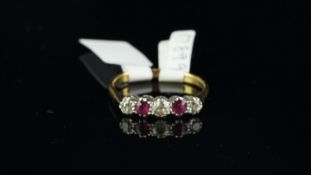 Five stone ruby and diamond ring, three old cut diamonds, spaced with two round cut rubies,
