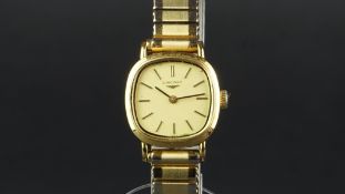 LADIES' LONGINES WRISTWATCH, gold coloured squared dial, gold plated case 18x18mm diameter, manual