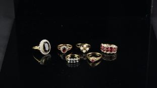 Selection of six diamond and gem set rings, all mounted in yellow metal, stamped, tested or
