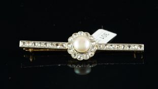 Antique French natural pearl and diamond brooch, central 9.6mm natural saltwater button pearl, set