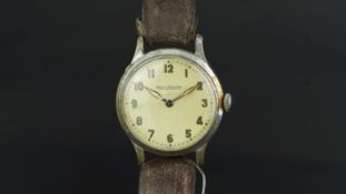 VINTAGE GENTLEMEN'S JAEGER LECOUTRE WRISTWATCH, military style round base metal case with Arabic