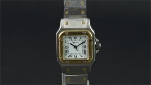 LADIES' CARTIER SANTOS AUTOMATIC BI COLOUR WRISTWATCH, square white dial with Roman numerals and