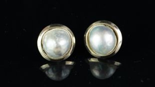 Pair of pearl earrings, greyish blister pearls, set in yellow metal, with foreign hallmarks, screw