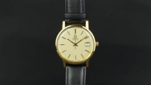 GENTLEMEN'S OMEGA WRISTWATCH, gold coloured dial baton markers with date function, round gold plated