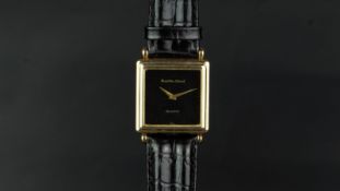 9CT BUECHE-GIROD, square black dial, gold hands, 9ct 29mm case, signed quartz movement, black