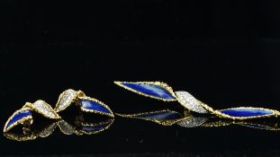 Boucheron blue enamel, diamond and gold brooch and earrings suite, the brooch is designed as a large