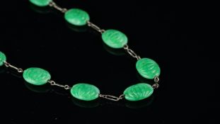 Art Deco green carved glass bead and silver necklace