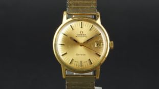 GENTLEMEN'S OMEGA GENEVE WRISTWATCH, gold coloured dial with date, on a later expanding metal strap,