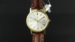 GENTLEMEN'S OMEGA GENEVE WRISTWATCH, manual wind, gold coloured, date function on a leather strap,