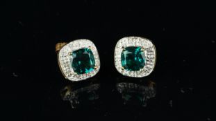 Synthetic emerald and diamond earrings, mounted in 9ct yellow gold