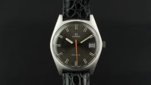 GENTLEMEN'S OMEGA GENEVE WRISTWATCH, grey dial with date, on a later leather strap, manual wind