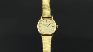 LADIES' OMEGA DE VILLE WRISTWATCH, gold coloured squared dial, gold plated case 22x18mm diameter,