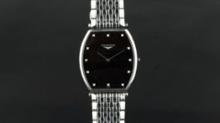 LONGINES, gentlemen's Le Grande Classic wristwatch, black dial tonneau shaped case 33mm stainless