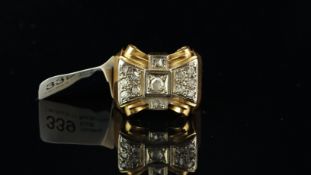 Diamond ring, designed as a bow, set with rose cut diamonds, mounted in unhallmarked yellow metal