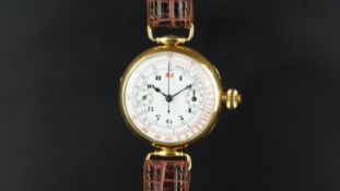 GENTLEMEN'S 18K SOLID GOLD MONOPUSHER CHRONOGRAPH CIRCA 1920, circular white enamel dial with Arabic