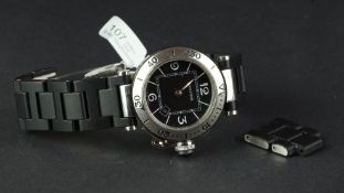 LADIES' CARTIER PASHA WRISTWATCH, circular black dial with Arabic numerals and baton hour markers,