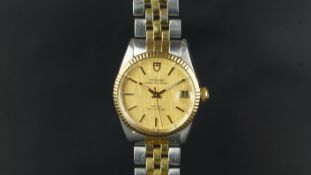 GENTLEMEN'S TUDOR OYSTER PRINCE DATE BI METAL WRISTWATCH, circular champagne dial with gold baton