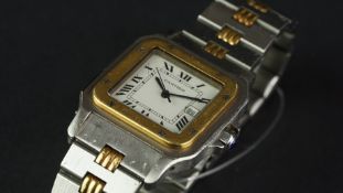 GENTLEMEN'S CARTIER SANTOS AUTOMATIC GOLD & STEEL WRISTWATCH, square off white dial with Roman