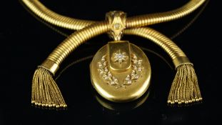 Victorian gold gaspipe necklace with a locket and tassels, with a flexible gaspipe style collar,