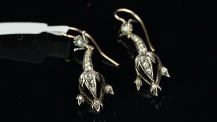 Diamond drop earrings, with rose cut diamonds, set in yellow and white metal