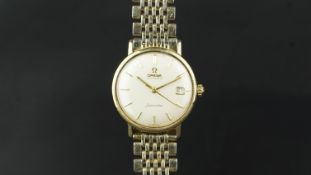 GENTLEMEN'S OMEGA SEAMASTER WRISTWATCH, circular off white dial with gold baton hour markers and a