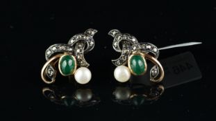 Emerald, diamond and pearl earrings, set with rose cut diamonds, mounted in yellow metal, post and