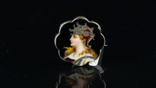 Art Nouveau enamel portrait and silver brooch, painted enamel portrait of a lady, with silver and