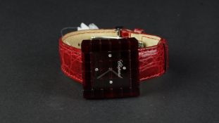 LADIES' CHOPARD BEMAD WRISTWATCH, square maroon dial with dot hour markers and silver hands, 32mm