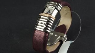 LADIES' CARTIER DIAMOND STEEL & GOLD WRISTWATCH, square light pink dial with gun metal blue hands,