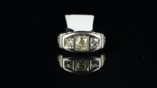 Three stone diamond ring, three old cut diamonds, set in bi-colour metal, heavy shank, ring size J