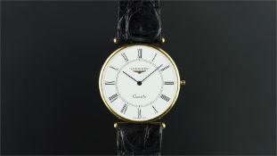 GENTLEMEN'S LONGINES DRESS WATCH, circular white dial, black Roman numerals, 18ct slim case,