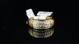 Diamond three row band ring, set with single cut diamonds, mounted in 18ct yellow gold, ring size N