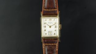 GENTLEMEN'S LORD ELGIN 14K GOLD WRISTWATCH W/ BOX, square white dial with gold Arabic numerals and a